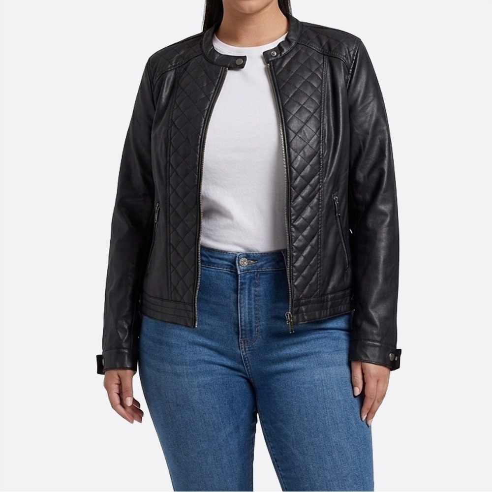 Quilted Onyx Black Faux Leather Moto Biker Jacket Sleek Collarless 0X Large - Picture 1 of 8